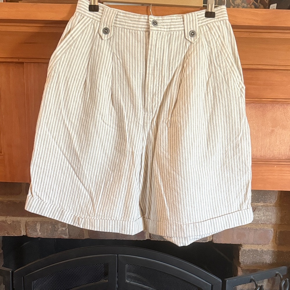 VTG 90s J. McNally's High-Waist Pleated Linen Cotton Striped Cuffed Shorts Sz 12
